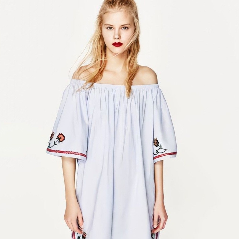 Zara Off-Shoulder White Dress with Floral Embroidery